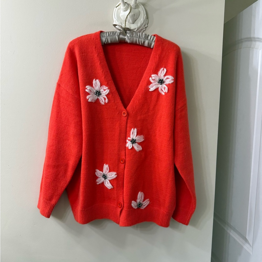 Orange knit Floral Women's cardigan